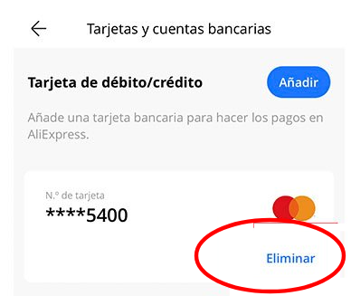 Como eliminar un tarjeta en AliExpress desde la aplicacion