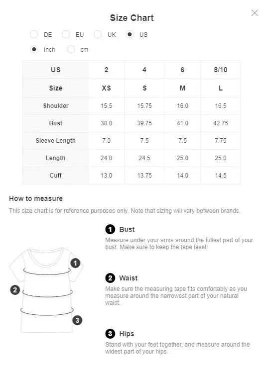 Shein clothing shop size chart